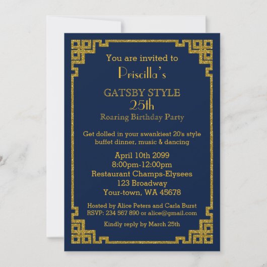 25th, Verjaardagsfeest, Gatsby stijl, marine & gou Kaart (Voorkant)
