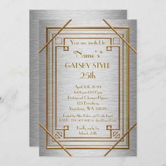 25th, Verjaardagsfeest, Gatsby stijl, zilver & gou Kaart (Voorkant / Achterkant)