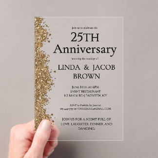 25th Wedding Anniversary Gold Faux Glitter Acryl Uitnodigingen