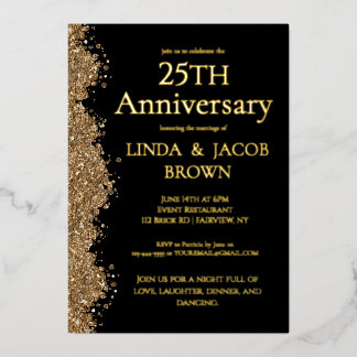 25th Wedding Anniversary Gold Faux Glitter Folie Uitnodiging
