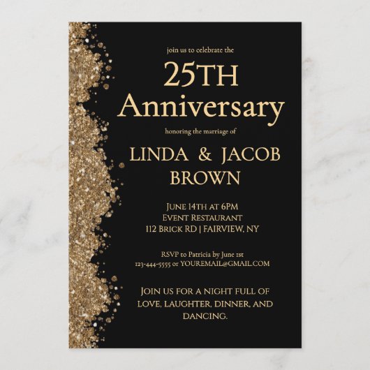 25th Wedding Anniversary Gold Faux Glitter  Kaart (Voorkant)
