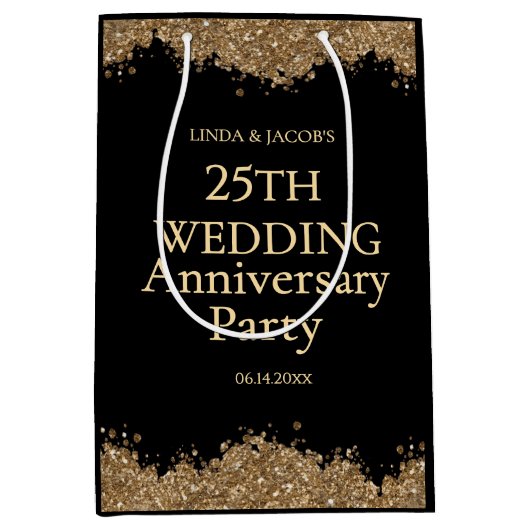 25th Wedding Anniversary Gold Faux Glitter  Medium Cadeauzakje (Voorkant)