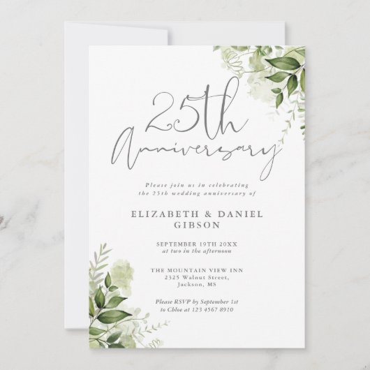 25th Wedding Anniversary Greenery Silver Script Kaart (Voorkant)