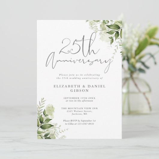 25th Wedding Anniversary Greenery Silver Script Kaart (Staand voorkant)