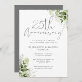 25th Wedding Anniversary Greenery Silver Script Kaart (Voorkant / Achterkant)