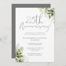 25th Wedding Anniversary Greenery Silver Script Kaart