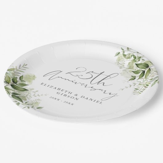 25th Wedding Anniversary Greenery Silver Script Papieren Bordje (Gekanteld)