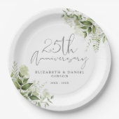 25th Wedding Anniversary Greenery Silver Script Papieren Bordje (Voorkant)