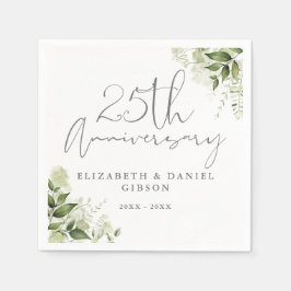 25th Wedding Anniversary Greenery Silver Script Servet