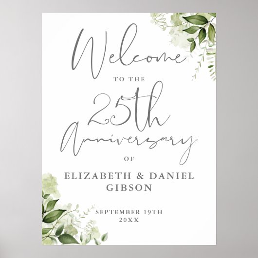 25th Wedding Anniversary Greenery Welcome Sign Poster (Voorkant)