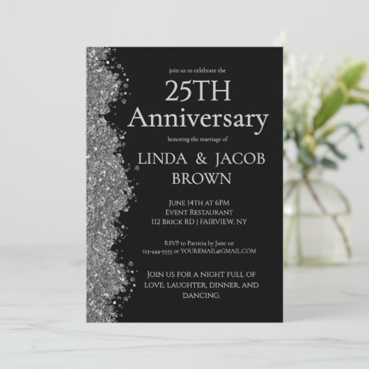 25th Wedding Anniversary Silver Faux Glitter  Kaart (Staand voorkant)