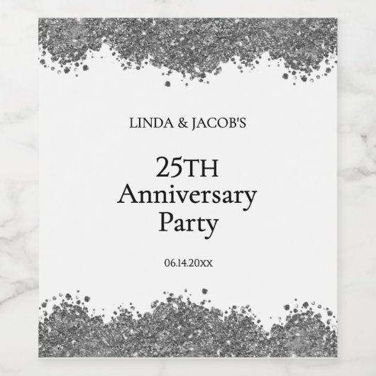 25th Wedding Anniversary Silver Faux Glitter  Wijn Etiket (Enkel label)