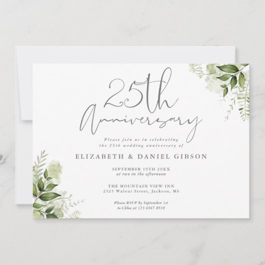 25th Wedding Anniversary Silver Script Floral Kaart (Voorkant)