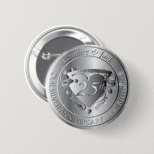 25th Wedding Anniversary Silvery Heart Ronde Button 5,7 Cm (Voorkant /achterkant)