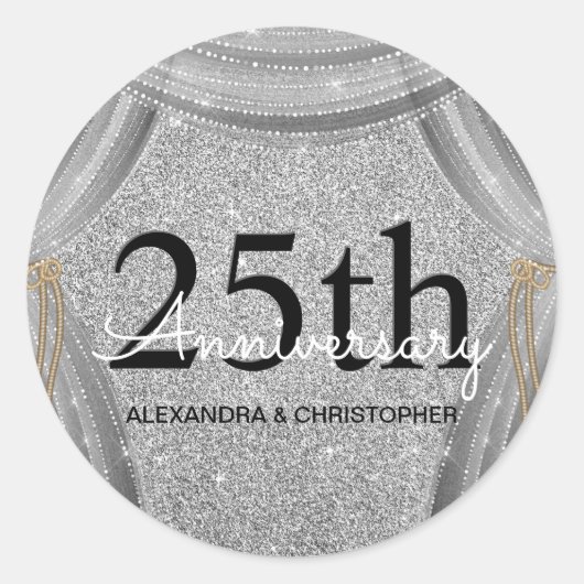 25th Wedding Jubileum Black en Silver Sparkle Ronde Sticker (Voorkant)