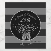 25th Wedding Jubileum Black Silver Chic Elegant Wijn Etiket (Enkel label)