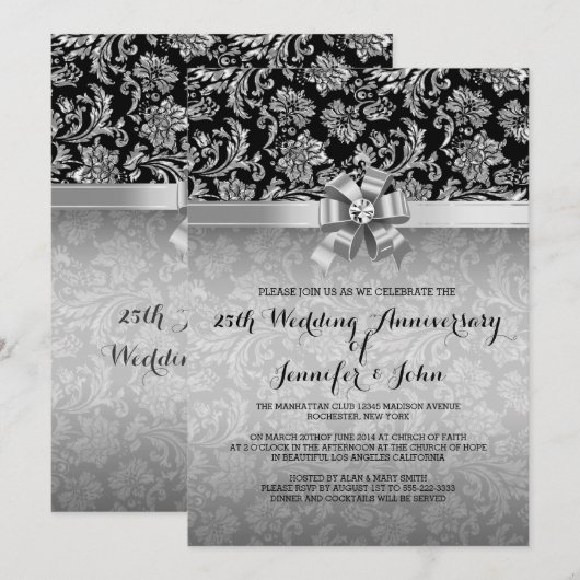 25th Wedding Jubileum Black & Silver Damascus 2 Kaart (Voorkant / Achterkant)