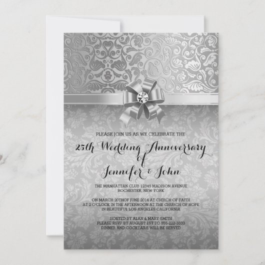 25th Wedding Jubileum Black & Silver Damaskers Kaart (Voorkant)