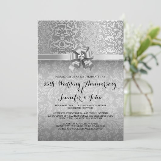 25th Wedding Jubileum Black & Silver Damaskers Kaart (Staand voorkant)