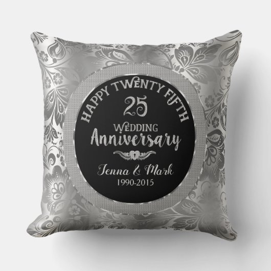 25th Wedding Jubileum Black & Silver Damaskers Kussen (Voorkant)