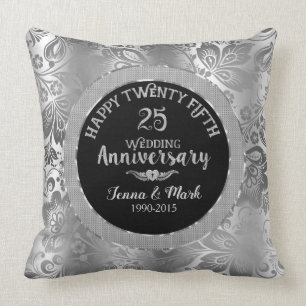 25th Wedding Jubileum Black & Silver Damaskers Kussen