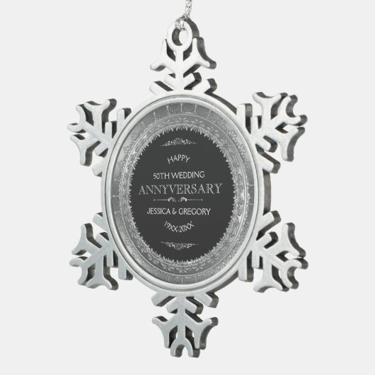 25th Wedding Jubileum Black & Silver Lace Tin Sneeuwvlok Ornament (Rechts)