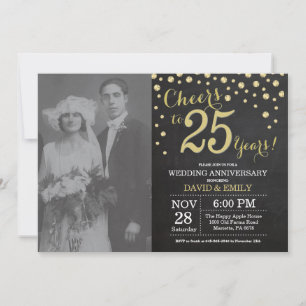 25th Wedding Jubileum Chalkboard Black en Gold Kaart
