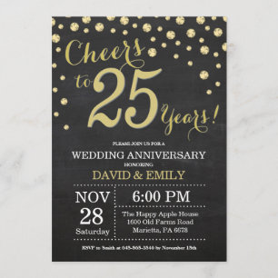 25th Wedding Jubileum Chalkboard Black en Gold Kaart