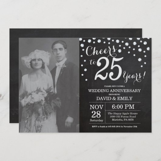 25th Wedding Jubileum Chalkboard Black Silver Kaart (Voorkant / Achterkant)