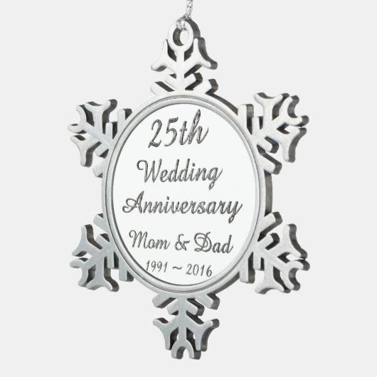 25th Wedding Jubileum Chic Silver Typografie Tin Sneeuwvlok Ornament (Rechts)