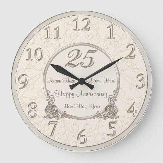 25th Wedding Jubileum Clocks COUPLES NAMES DATUM Grote Klok (Voorkant)
