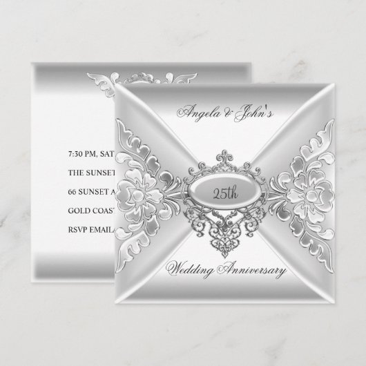 25th Wedding Jubileum Elegant Silver White Kaart (Voorkant / Achterkant)