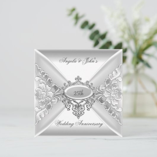 25th Wedding Jubileum Elegant Silver White Kaart (Staand voorkant)