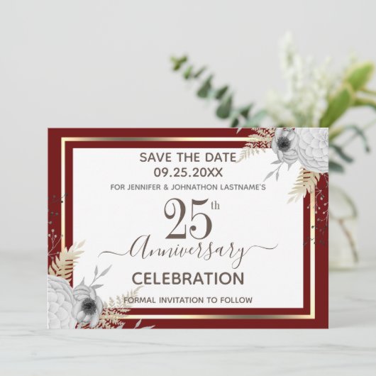 25th Wedding Jubileum Floral Save the Date Invi Kaart (Staand voorkant)