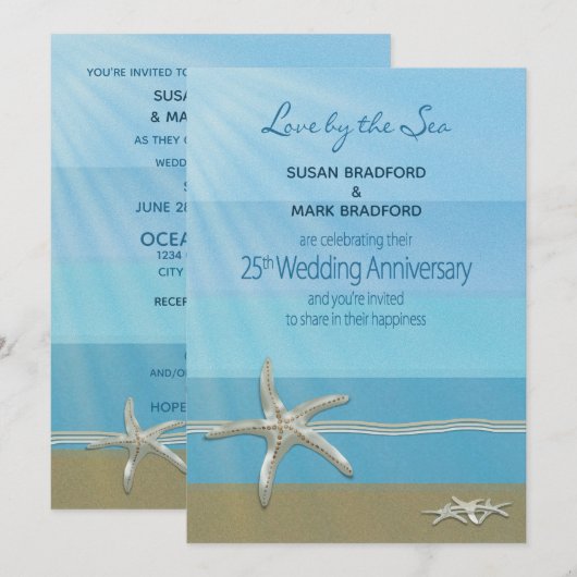 25th Wedding Jubileum Invitation, Ocean, Kaart (Voorkant / Achterkant)