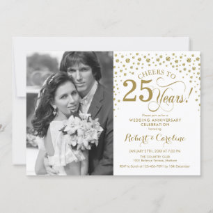 25th Wedding Jubileum met foto - Gold White Kaart