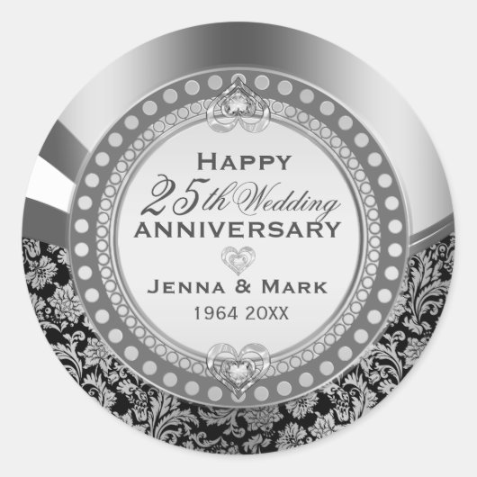 25th Wedding Jubileum Ornament Black & Silver Ronde Sticker (Voorkant)