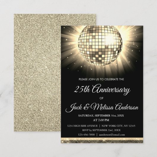 25th Wedding Jubileum Party Gold Disco Ball Kaart (Voorkant / Achterkant)