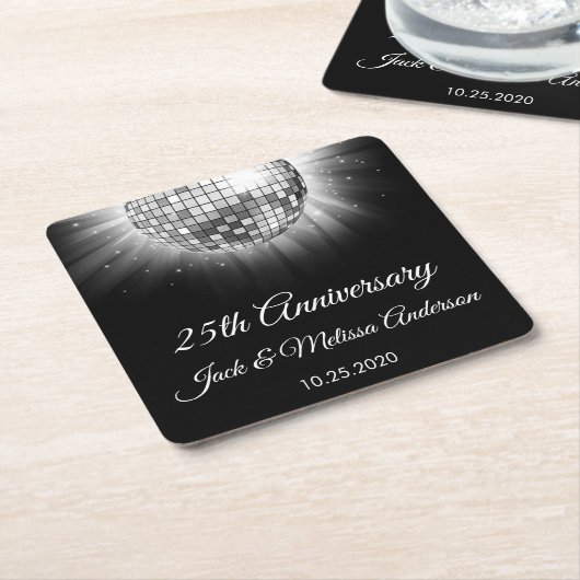 25th Wedding Jubileum Party Silver Disco Ball Kartonnen Onderzetters (Schuin)