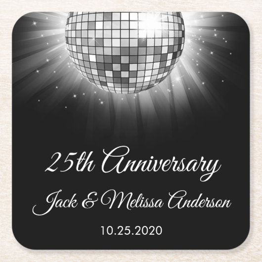 25th Wedding Jubileum Party Silver Disco Ball Kartonnen Onderzetters (Voorkant)
