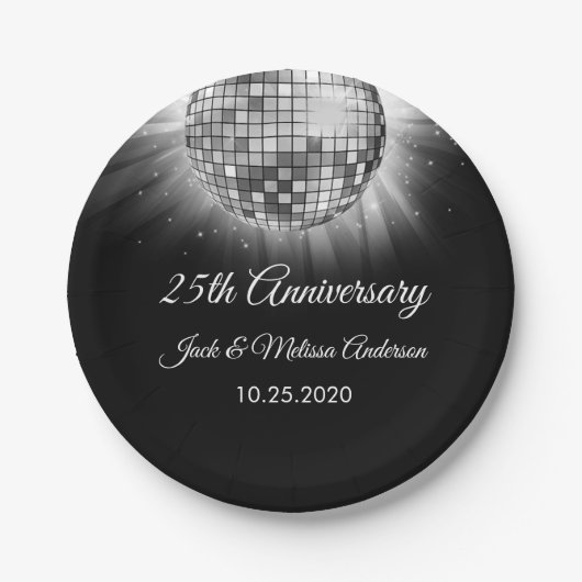 25th Wedding Jubileum Party Silver Disco Ball Papieren Bordje (Voorkant)
