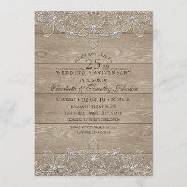 25th Wedding Jubileum Rustic Wood  Lace Kaart