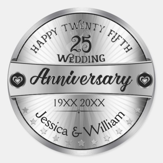 25th Wedding Jubileum Shiny Silver Text Design Ronde Sticker (Voorkant)
