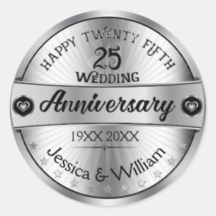 25th Wedding Jubileum Shiny Silver Text Design Ronde Sticker