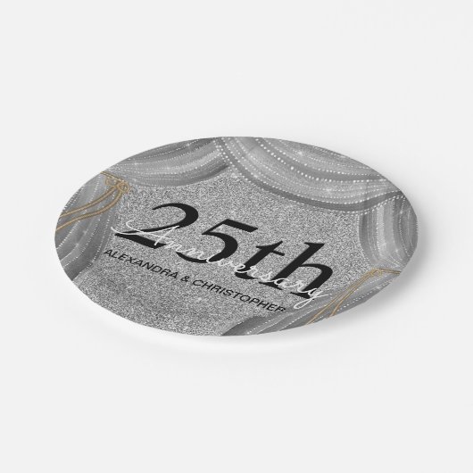 25th Wedding Jubileum Silver and Black Sparkle Papieren Bordje (Gekanteld)