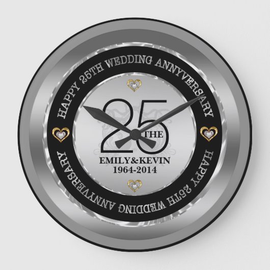 25th Wedding Jubileum Silver & Black Grote Klok (Voorkant)