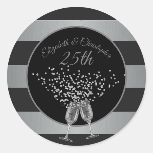 25th Wedding Jubileum Silver Black Stripe Ronde Sticker (Voorkant)