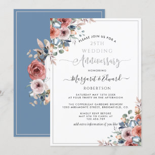 25th Wedding Jubileum, Silver Blue Blush Floral Kaart