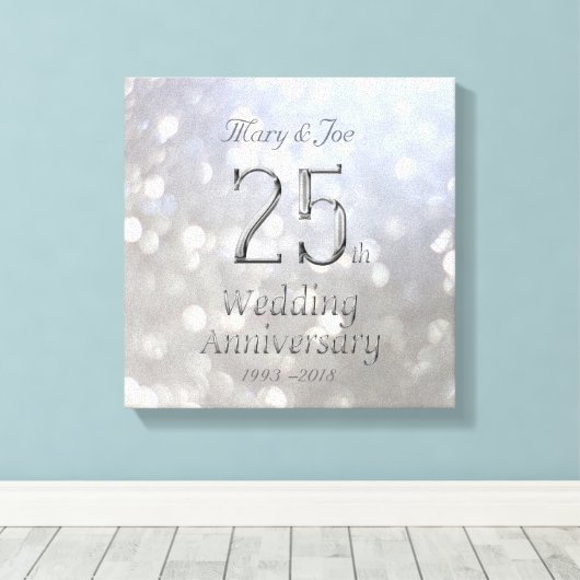 25th Wedding Jubileum Silver Bokeh Typografie Canvas Afdruk (Insitu (Houten vloer))