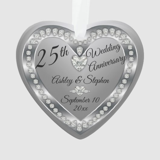 25th Wedding Jubileum Silver Diamonds Keepslag Ornament (achterkant)